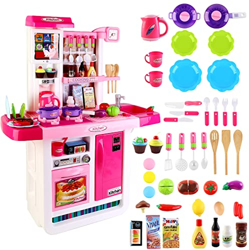 deAO My Little Chef Küchen Spielset mit Klängen, Touchscreen-Panel und Wasserspiele - Mehr als 40 Zubehör Enthalten (Pink)