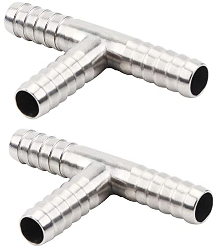Beduan Stainless Steel 1/4 Hose Barb, 3 Way Tee T Shape Barbed Co2 Splitter Fitting (Pack of 2)