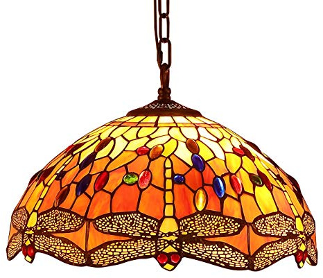 Bieye L30715 Tiffany Deckenpendelleuchte Libelle, Orange, 16 Zoll | Tiffany Stil, Glasmalerei, Handgefertigter Lampenschirm
