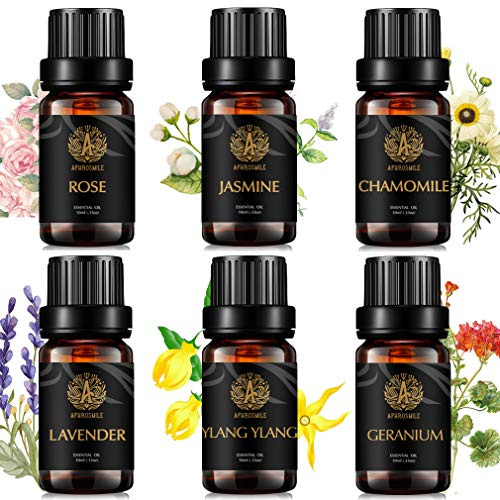 Floral ätherisches Öl Set für Diffusor-Lavendel,Jasmin,Geranium,Ylang Ylang,Kamille ätherisches Öl, reines Jasmin ätherisches Öl,6x10ml Aromatherapie Rose Öl Set für Diffusor