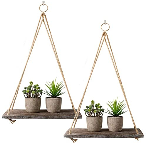 Rustic Shelf 2 Packs Wooden Floating Shelves with String Rope Hanging Floating Shelves Rustic Distressed Wood Hanging Shelves Wood Wall Decor Swing Rope Floating Shelf with Hooks for Living Room
