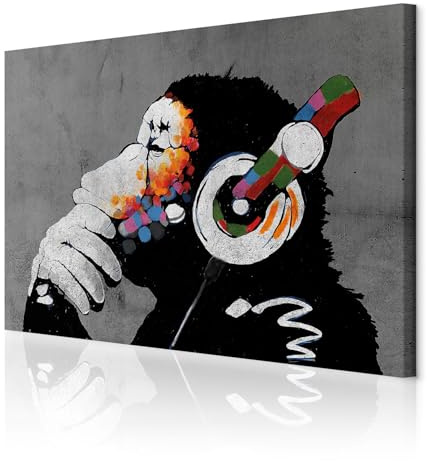 decomonkey Akustikbild Banksy Dj Afee 120x80 cm 1 Teilig Leinwand Modern | Bilder, Wandbilder XXL, Schallschlucker, Schallschutz, Akustikdämmung, Wandbild, Deko, Leise, Gorilla, Tiere, Affe, mit