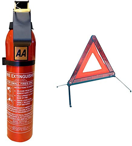 AA 950g Fire Extinguisher AA1547 – Uses BC Powder Small Fires & Warning Triangle For Breakdown Roadside Emergency Hazard AA0071 - EU Driving Legal Standard For Cars Vans Trucks