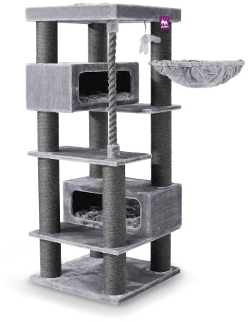 Petrebels XXL Kratzbaum Grosse Katzen Stabil Turnpike 190 cm, Grau | für Maine Coon & schwere Katzen, Ø 15 cm dicke Stämme, mit XL Hängematten, Schlafhöhlen, Loungesofa & extra dicke Bodenplatte