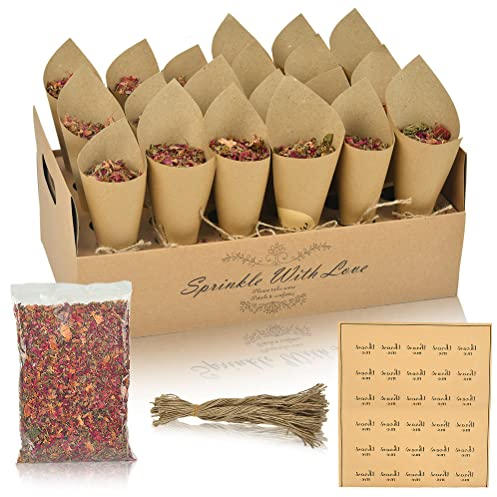 30 Stück Konfetti Kegel Hochzeit Konfetti Kegel Biologisch Abbaubare DIY Blütenblätter Konfetti mit Kraftpapier Kegel und 100g Rose für Tischdekoration Konfetti Display Box Seile Aufkleber