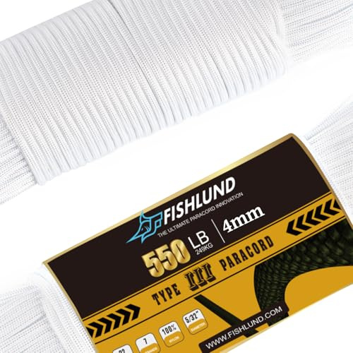 Cuerda de paracaídas FISHLUND de 550 lb, 7 hebras tipo III, 50 pies, 4 mm, nailon para acampar, Blanca