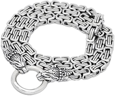 DFWY Männer Byzantinische Kettenglied Kette Halskette - 7MM Edelstahl Wolfskopf Königskette - Handgefertigte Nordic Viking Wolf Amulett Halskette Vintage Biker Schmuck