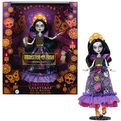 Monster High Puppe, Skelita Calaveras Dia De Muertos Sammlerstück mit traditionellem Zuckerschädel und Ringelblumen-Details