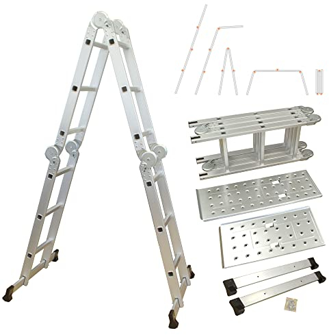 Alu Multifunktionsleiter | 12 Sprossen Leiter klappbar 4-teilig | 356 cm Länge | Gelenkleiter Leitergerüst Klappleiter Stehleiter Aluleiter Anlegeleiter Bockleiter | bis 150 kg