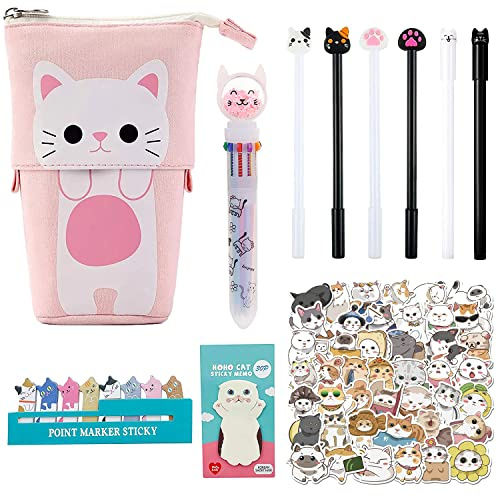 KKSJK Kinder Katzen Federmäppchen Set, 1 Katze Mäppchen, 1 Bunte Kugelschreiber, 6 Gelschreiber，62 Katzen Stickers, Sticky Notes, Geschenke für Mädchen