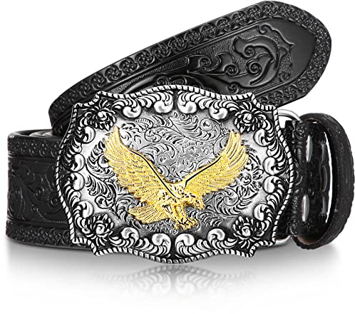 Photect Cintura con fibbia in pelle occidentale con animali da cowboy, cintura da cowboy in rilievo, per uomo, larghezza 3,8 cm, Nero, 45.3 Inch