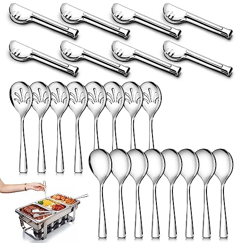 24 Pack Stainless Steel Large Serving Utensils Set - 10 Serving Spoons x 8, 10 Slotted Spoons x 8, and 9 Serving Tongs x 8 by Teivio, for Buffet, Chafing Dish, Catering Supplies (Silver)