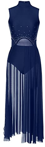 iEFiEL Damen Tanzkleid mit Strass Mesh Ballettkleid Ballett Trikotanzug Jumpsuit Tanzbody Overall Gymnastik Wettbewerb Tanzkostüm Navy blau S