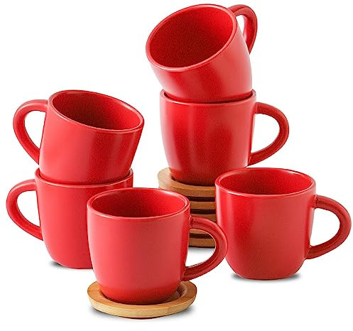 HASENSE Cappuccino Cups with saucers, 6 Ounce Ceramic Coffee Mugs Set of 6 Perfect for Espresso, Specialty Coffee Drinks, Latte, Cafe Mocha and Tea, Red