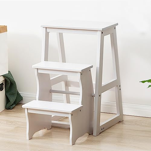 Solid Wood Folding Library Ladder Chair, Lightweight Portable Multifunctional Step Stool, 3-Step Stool Stepladders, Display Stand and Flower Stand for Kitchens, Garages (White)