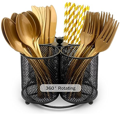 DysanVica Soporte giratorio de 360° para cubiertos, organizador de utensilios de metal con 4 compartimentos, tenedor, cuchara, servilleta, cesta de almacenamiento de cubiertos de plástico, para