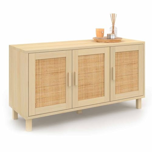 IDMarket - Buffet Bas Vintage 113 cm Elin 3 Portes Effet Naturel cannage
