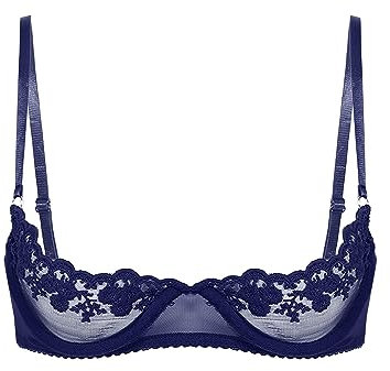 Agoky Women's Sexy 1/4 Cup Lace Bra Padded Unlined Underwire Push Up Balconette Every Day Bra Navy Blue A S