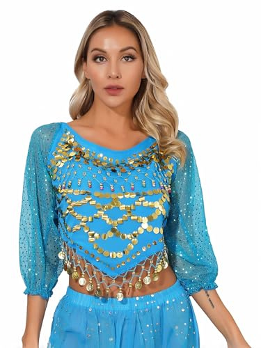 Nyeemya Top de Danza del Vientre para Mujer Camiseta de Lentejuelas Crop Top Corta Blusa Disfraz Bailerina Ropa de Baile Cielo Azul M