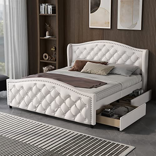BTM Upholstered Double Bed 135 x 190cm, Double Bed with Storage, Upholstered Frame with Headboard & 2 Drawers, Wood & Faux Leather