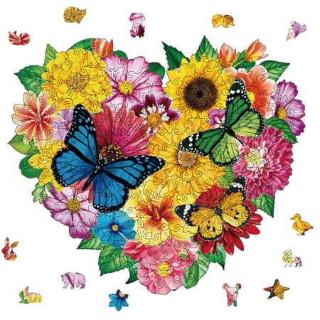 GLOBLELAND 200Pcs Big Love Butterfly Wooden Jigsaw Puzzles for Adults 12.99x11.22inch Colorful Flowers Wooden Puzzles for Gift Birthday Anniversary