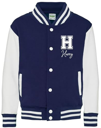 Daytripper Personalised Kids Varsity Jacket, Custom Initial & Name, Girls and Boys, Baseball Jacket, Children's, Unisex, Hoodie, Coat (UK, Age, 12 Years, 13 Years, Regular, NAVY)