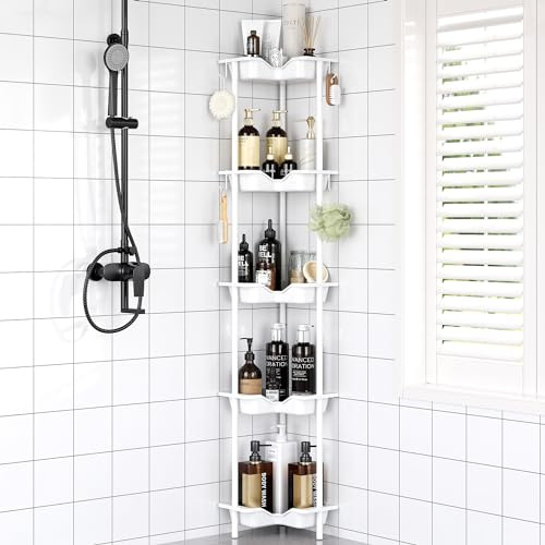 OriwarE 5-Stück Duschablage ohne Bohren Stehende, Kunststoff-Metall Patchwork Boden Lagerregal mit 4 Haken, Rostbeständig Ecke Duschregal, Weiß
