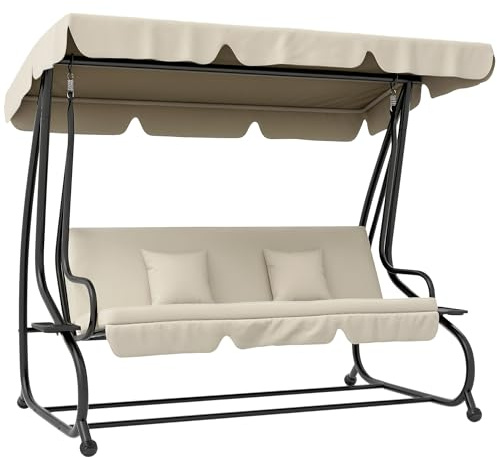 Outsunny Schaukelstuhl 3-Sitzer Gartenschaukel Hollywoodschaukel mit Sitz- und Rückenlehnen Tablett Schwingbank Sitzbank Dachwinkel verstellbar Stahl Polyestergewebe 200 x 120 x 164 cm Cremeweiß