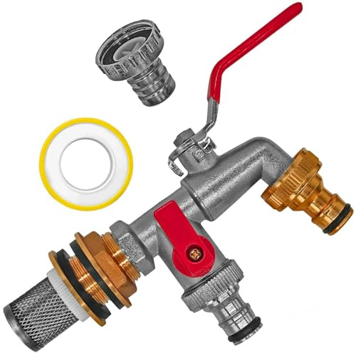 MegaHaustechnik Regentonnendurchführung Messing für 27mm LochØ AG 3/4“, Wandung max. 12mm, Dichtband, Doppel-Auslaufhahn mit Stecker für Gardena Buchse, Fass Verschraubung Tank