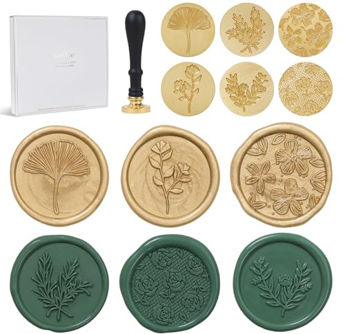 UNIQOOO 6 Pcs Wax Seal Stamp Set, Floral Stamps Botanical Sealing Stamper Kit, Wooden Handle with Brass Head for Wedding Greeting Cards Gift