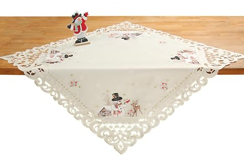 HanaQi Weihnachtstischläufer/Tischdeckchen Schneemann Rentier Winterlandschaft mit Durchbruchstickerei, Polyester, Ecru/Creme - Größe wählbar (ca.85x85 cm)