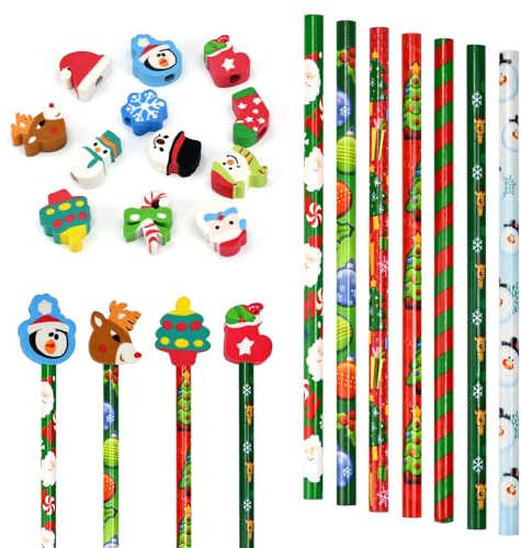 Kleemeiero 24 Stück Schule HB Stifte Set Weihnachten Bleistifte mit Radiergummis Bleistifte Kinder Mitgebsel mit Radiergummi Weihnachtsfeier Gefälligkeiten für Kinder Weihnachten Geschenk