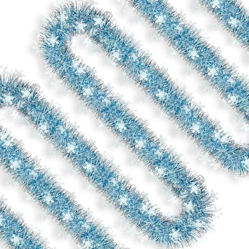 Christmas Snowflake Tinsel Garland - 32.8Ft Metallic Twist Garland for Xmas Tree Decorations,Ceiling Hanging, New Year Party,Birthday,Holiday Indoor Outdoor Supplies (Light Blue)