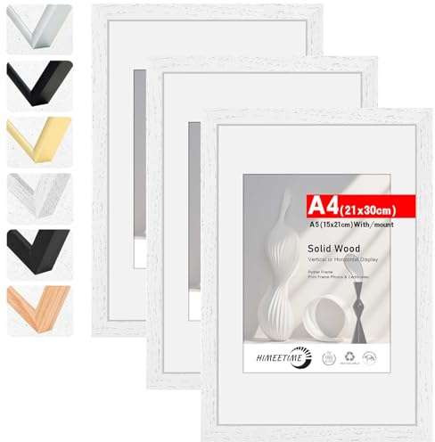 HIMEETIME® 3x Bilderrahmen DIN A4 21x30 cm Weiss Holz Fotorahmen aus Massivholz Rahmen 21x29,7 cm,Bild mit Passepartout Display 10x15cm,für Wandbehänge oder Tischdekoration