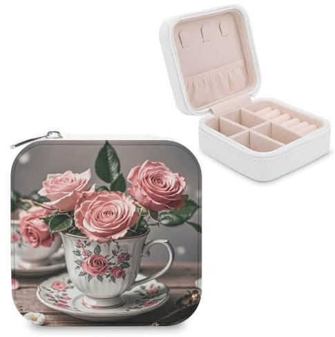 QWNMD Boîte à bijoux en cuir avec tasses à thé personnalisées avec roses - Style shabby romantique - Étui de voyage pour colliers, boucles d'oreilles et bagues