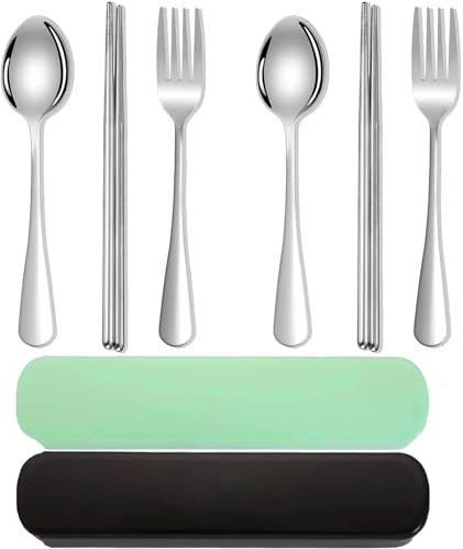 8 PCS Travel Cutlery Set Utensils Suitable for Outdoor Travel Picnic Office School Lunch Box Everyday Use Green Black with Portable Case Fork Spoon Chopsticks Camping Cutlery Set for 1 Portable ﻿