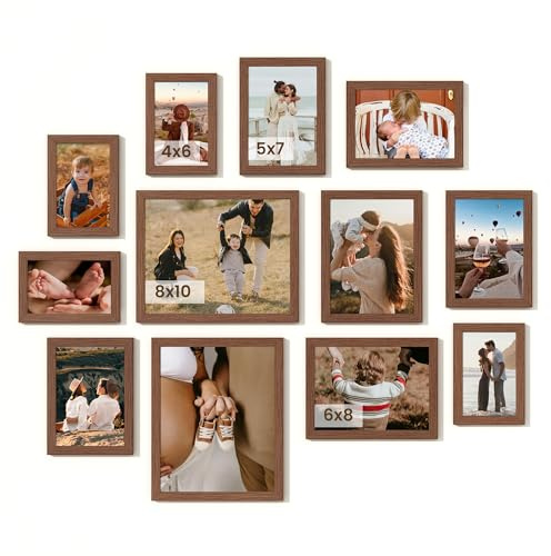 Heimlove Walnut Wood Grain Collage Picture Frames Set of 12,Two 8x10,Two 6x8,Four 5x7,Four 4x6 Photo Frames,Gallery Wall Frame Set for Wall Mount or Tabletop Display