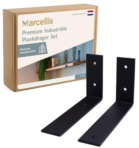 Marcellis Premium Regalhalterung für 30-35 cm breite Bretter, Matt Schwarz, 2x Industrielle Regalhalterungen (40 kg Tragkraft) - Hochwertige Verarbeitung und Montagematerial - 12,5x4x29,5 cm (HxWxD)