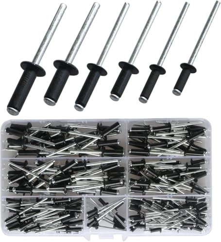 180PCS Black Rivets Pop Rivets Assortment Kit Aluminum Dome Large Flange Rivets 6 Sizes Blind Rivet 3.2mm 4mm 5mm with Storage Box