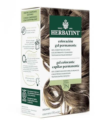 Herbatint Gel de Coloración Permanente para Cabello 7N Rubio - 170 ml | Sin Amoníaco, 100% Cobertura de Canas | Fórmula Vegana, con 8 Extractos Vegetales Orgánicos