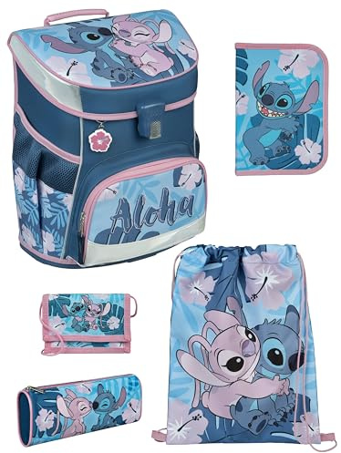 Familando - Scooli Campus Fit Schulranzen Set - 5-teilig mit Federmappe - Disney Stitch - Ergonomisch, stabil & 980g leicht - 18L Volumen - Brustgurt & Reflektoren - ab 1. Klasse