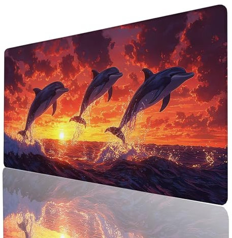 Tappetino Mouse Tramonto 100x50x0.3cm, Tappetino Gaming Delfino Sottomano Scrivania per Compatibile Con Tastiera Wireless e Mouse Wireless, Impermeabile Mousepad per Accessori Scrivania Gaming 5300GYL