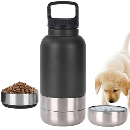 lopituwe Insulated Portable Dog Water Bottle with 2 Food Container 3 in 1 Stainless Steel Pet Drinking Bottle 32oz Multifunctional Dog Travel Water Bowl For Outdoor, Travel, Walking, Hiking(Black)
