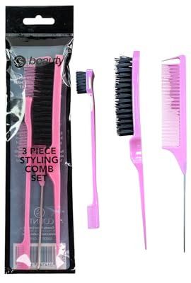 CS Beauty Professional Hair Styling Set, 3-Piece Comb Set with Teasing Comb, Edge Brush, Rat Tail, Pink