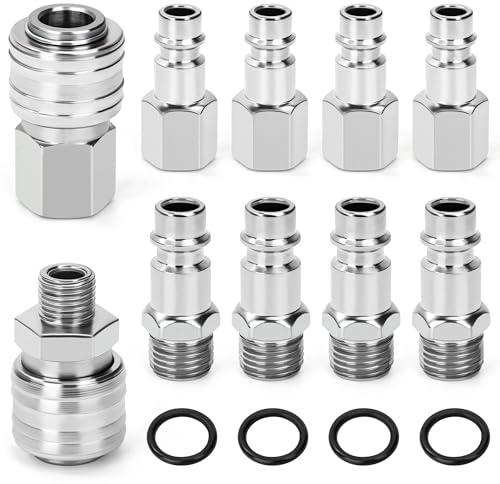 Raccord de Compresseur 1/4 BSP Raccord Rapide Pneumatique, 10 Pièces Homme Femme Raccords de Air Comprimé pour Tuyau Compresseur d'air Embout Pneumatiques (Argent)