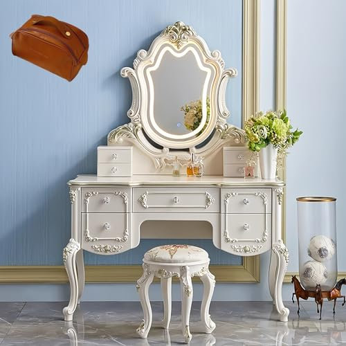 Tavolo da trucco con specchio e sgabello, design vintage europeo, 9 cassetti