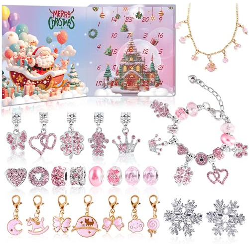 Advent Calendar For Girls 2025 Christmas DIY Bracelet Necklace 24 Days Of Pink Jewelry Set-Inclued 1 Bracelets 1 Necklace 20 Charms And 2 Snowflake Hairpin New Year Surprise Gift For Kids Teens Women