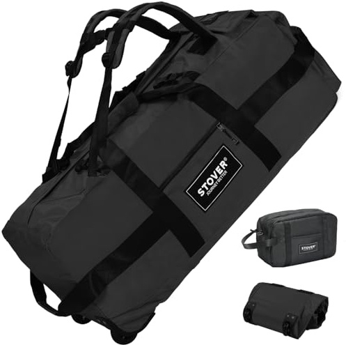 STOVER 45/80/100/120L Rolling Duffel Bag with Wheels, X-Large Durable Travel Duffle + Toiletry Bag, Heavy Duty, Packable with Shoulder Straps- Use as Luggage or Backpack, Men/Women (Black)