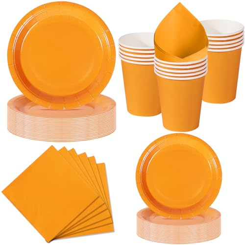 Nkaiso 50 Pcs Orange Assiette Jetable Anniversaire -10 invités | 10 Assiettes 23cm, 10 Assiettes 18cm, 10 Gobelets, 20 Serviettes pour Decoration Party, Baby Shower, Nationale