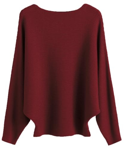 Cegerne Maglione Donna Maniche Pipistrello Elegante Oversize Maglia a Maniche Lunghe Sweatshirt Lavorato a Maglia Top Batwing Knitted Sweater, Rosso Vino-